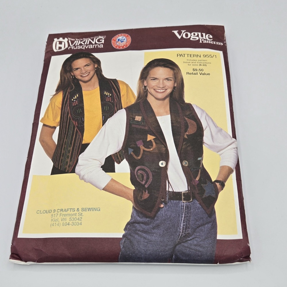 VOGUE Sewing Pattern #955/1 Viking Husqvarna Promo Y2K Misses Vest SZ 6-22 Uncut